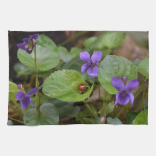 Ladybug on Sweet Violet Flowers Kitchen Towel
