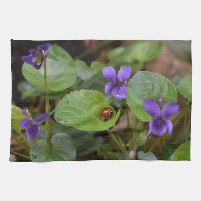 Ladybug on Sweet Violet Flowers Kitchen Towel (Horizontal)