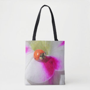 Ladybug on the petunia tote bag