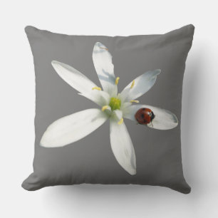 Ladybug on White Flower Cust. Grey Throw Pillow