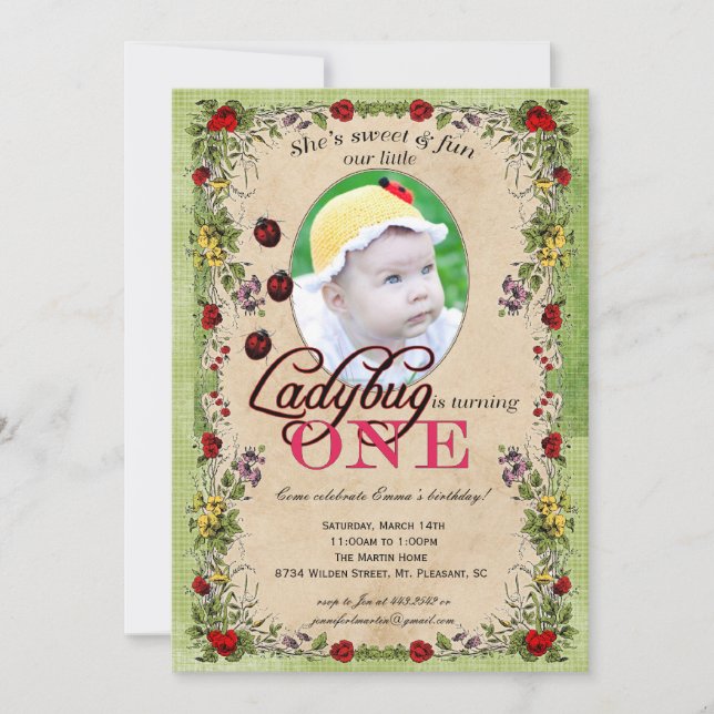 Ladybug Party Invitation - Photo, One Year Old (Front)