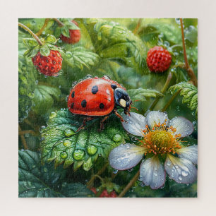 Ladybug Perched on Dew-Covered Strawberry Plant Jigsaw Puzzle