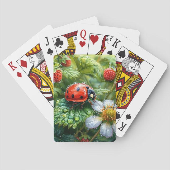 Ladybug Perched on Dew-Covered Strawberry Plant Playing Cards (Back)