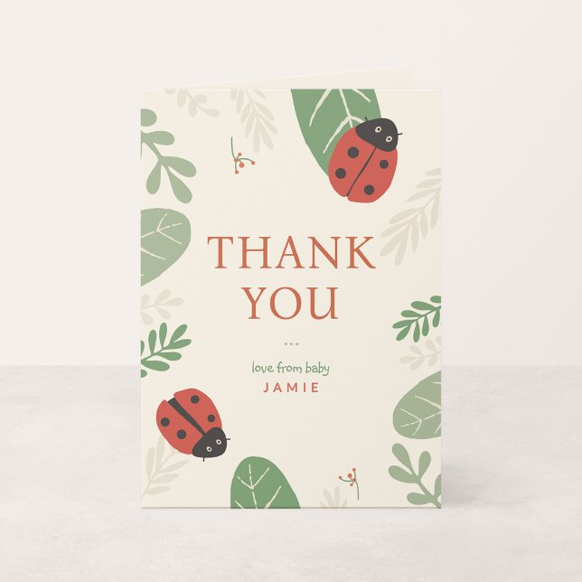 Ladybug Personalized Baby Thank You Card, Folded Note Card (Ladybird Meadow - Small 4.25 x 5.5" Folded Thank You Card)