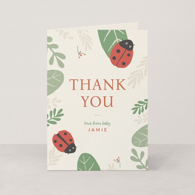Ladybug Personalized Baby Thank You Card, Folded Note Card (Ladybird Meadow - Small 4.25 x 5.5" Folded Ladybug Thank You Card)