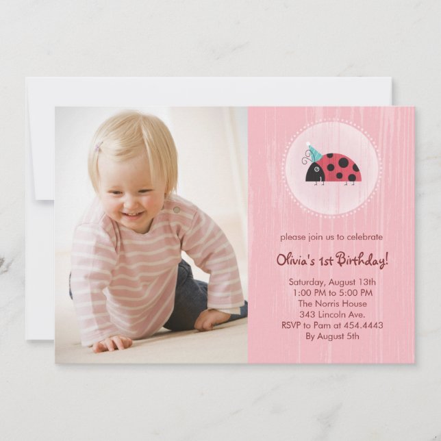 Ladybug Photo Card Birthday Invitations (Front)