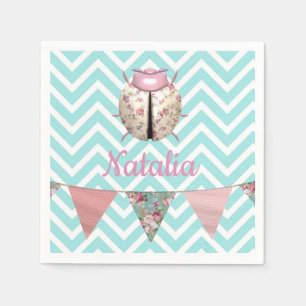 Ladybug pink floral on blue white chevron bunting napkin