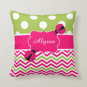 Ladybug Pink Green Personalized Pillow