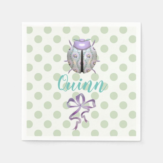 Ladybug polka dot and floral green white purple napkin (Front)