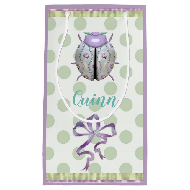 Ladybug polka dot floral green purple cute small gift bag (Front)