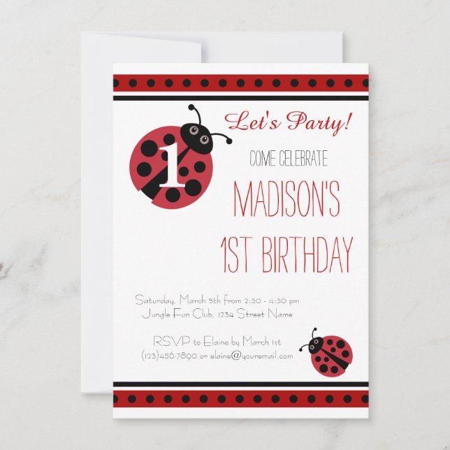 Ladybug Polka Dots Birthday Party Invitations (Front)