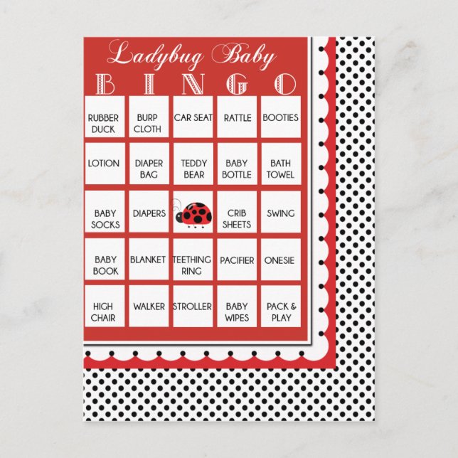 Ladybug Polkadots Baby Shower Bingo Card 16 (Front)