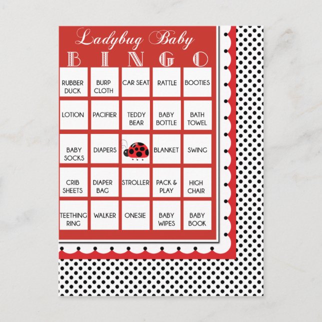 Ladybug Polkadots Baby Shower Bingo Card 17 (Front)