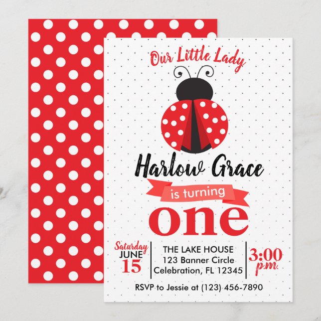 Ladybug Red and Black Polka Dot Birthday Invitation (Front/Back)