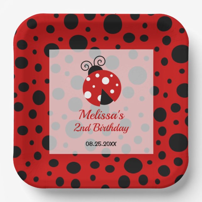 Ladybug Red Black Frame Polka Dots Kids Birthday Paper Plate (Front)