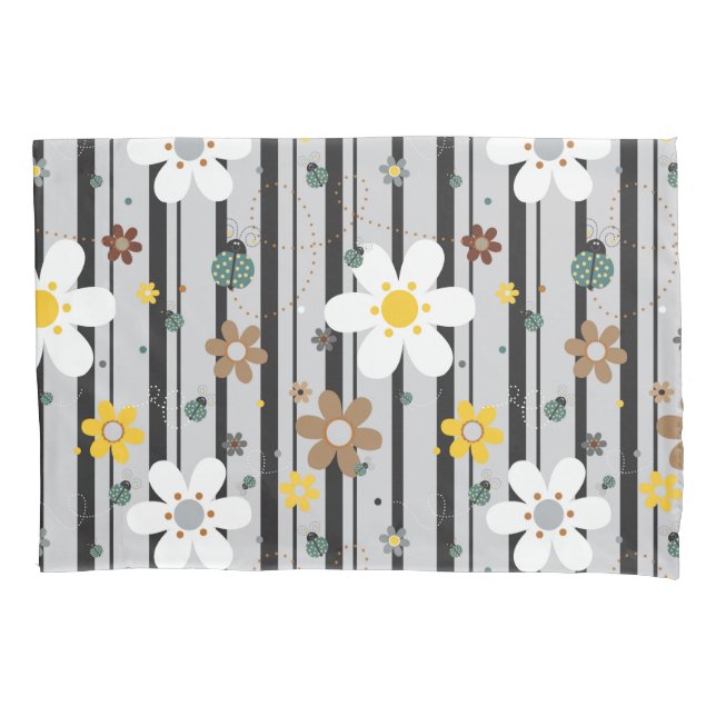 Ladybug Retro Fun Flower Illustration Pattern Pillowcase (Front)