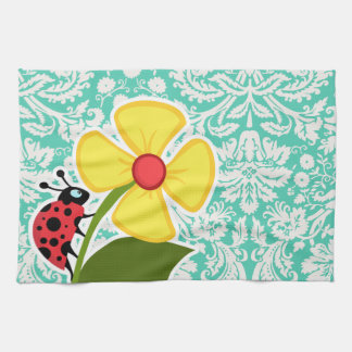Ladybug; Seafoam Green Damask Kitchen Towel