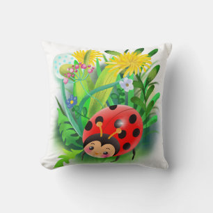 ladybug sits on leaves on a background of flowers throw pillow
