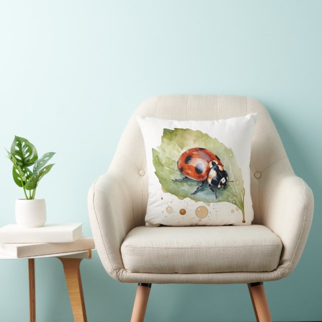 Ladybug sitting on a leaf in vibrant water colour throw pillow (Chair)