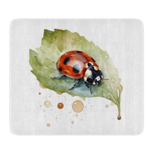 Ladybug sitting on a leaf in vibrant watercolor cutting board