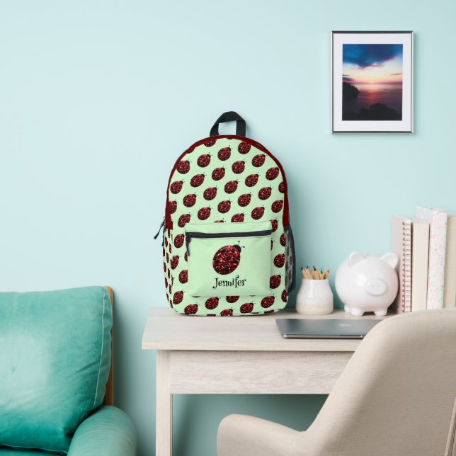 Ladybug sparkles red pattern green custom name printed backpack (Insitu)