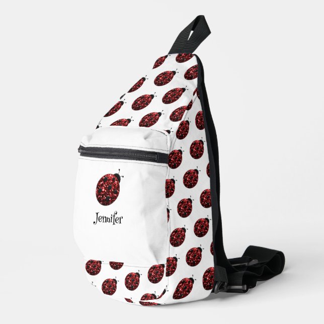 Ladybug sparkles red pattern white custom name sling bag (Right Corner)