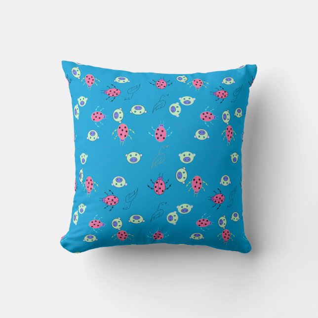 Ladybug, Sparrow & Animal Face Pattern Throw Pillow (Front)