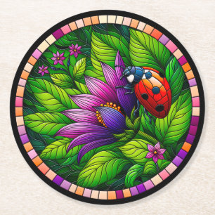 Ladybug Stained Glass Round Paper Coaster