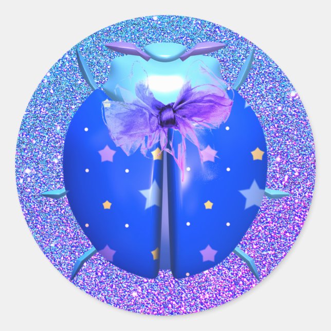 Ladybug star cute glitter look blue purple classic round sticker (Front)