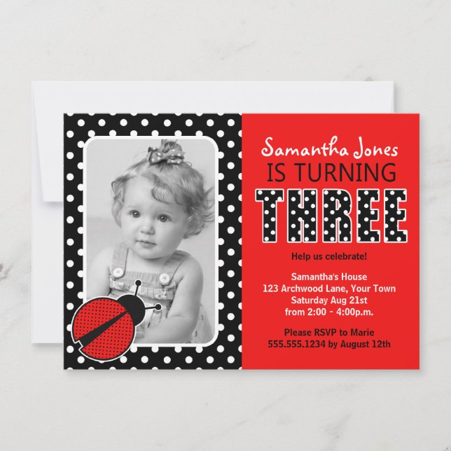 Ladybug Third Birthday Party Invitation (Front)