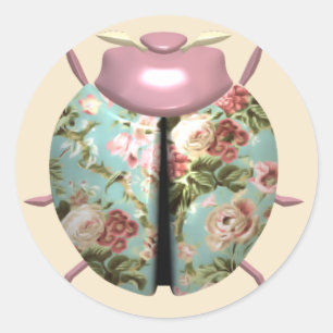 Ladybug victorian floral chintz pink blue cute classic round sticker