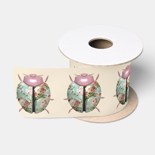 Ladybug victorian floral pink blue cute satin ribbon (Spool)