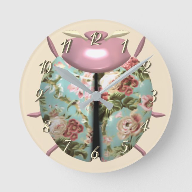 Ladybug victorian floral rose cute pink blue round clock (Front)