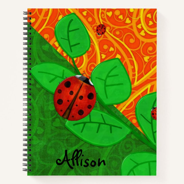 Ladybug Whimsey 3D Folk Art ADD YOUR NAME SUBJECT Notebook (Front)
