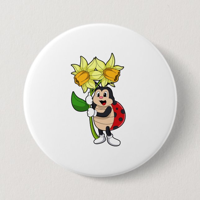 Ladybug with Flower Daffodil 3 Inch Round Button (Front)