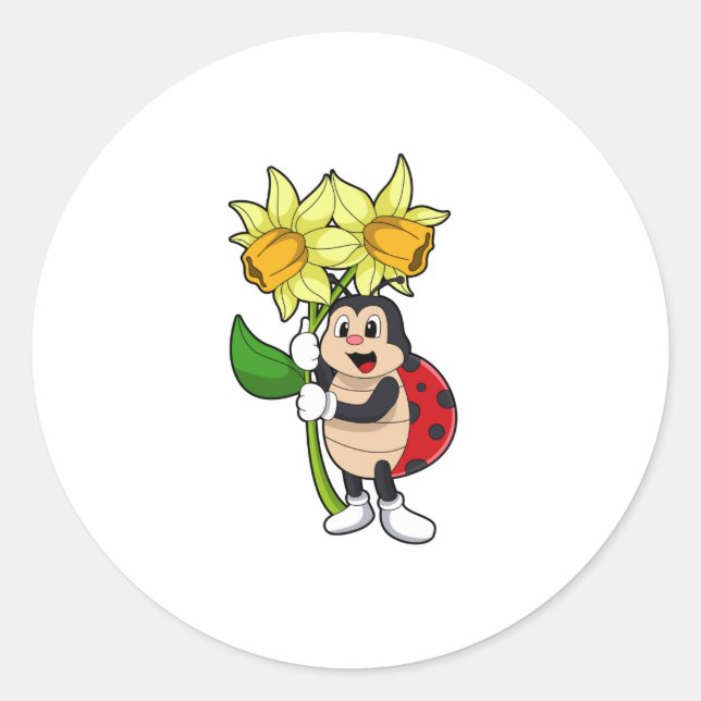 Ladybug with Flower Daffodil Classic Round Sticker (Front)