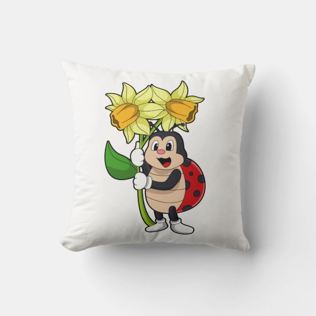 Ladybug with Flower Daffodil Throw Pillow (Front)
