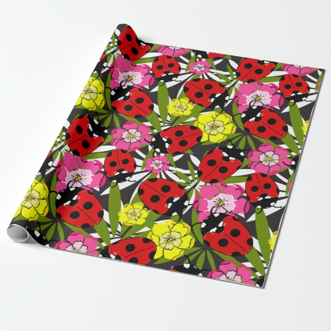 Ladybugs and Flowers Pretty Garden Insect Pattern Wrapping Paper (Unrolled)