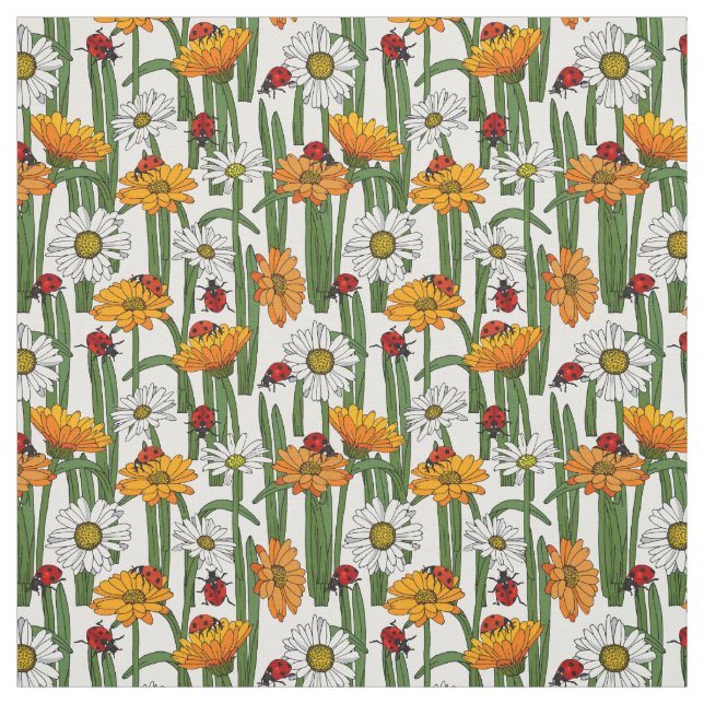 Ladybugs and Summer Meadow Flowers Nature Pattern Fabric (Swatch)