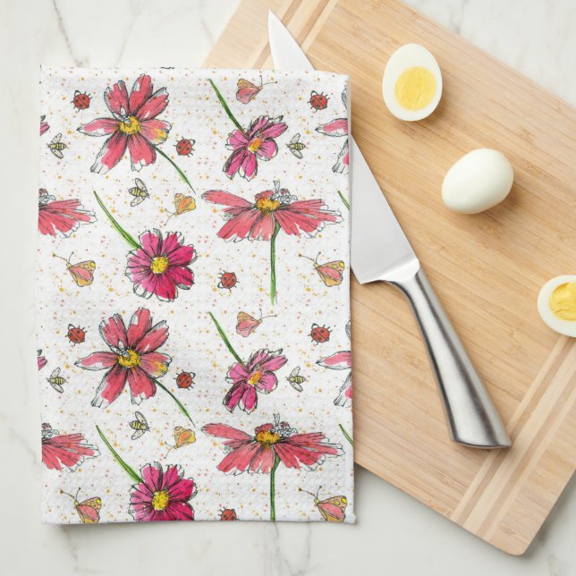 Ladybugs Bees Watercolor Flowers Kitchen Towel (Quarter Fold)
