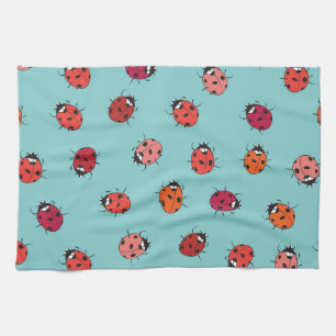 Ladybugs, blue background, charming seamless patte kitchen towel