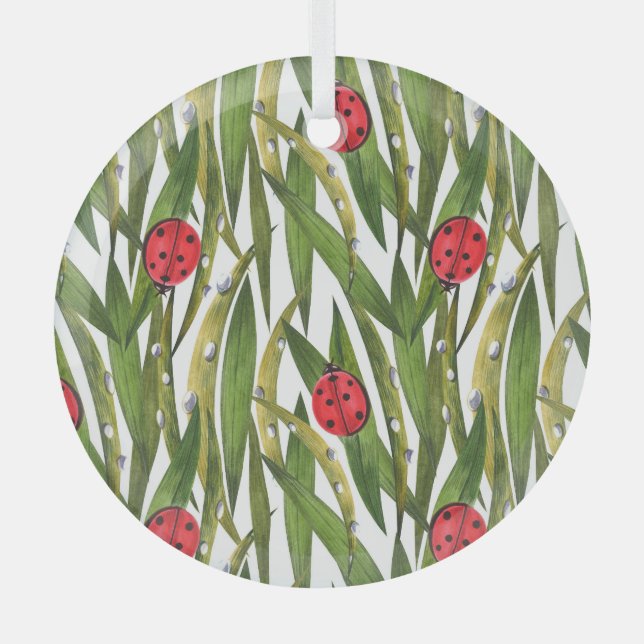 Ladybugs: daisy background watercolor pattern. glass ornament (Front)