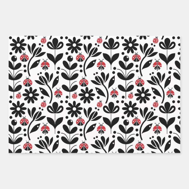 LADYBUGS & FLOWERS WRAPPING PAPER SHEET (Front)