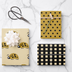 Ladybugs gold and black dots and squares  wrapping paper sheet