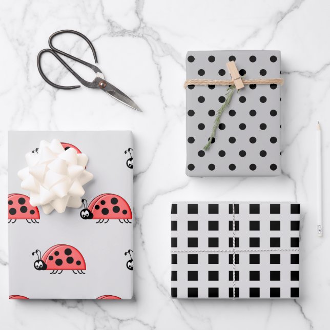 Ladybugs grey and black dots and squares wrapping paper sheet (Front)