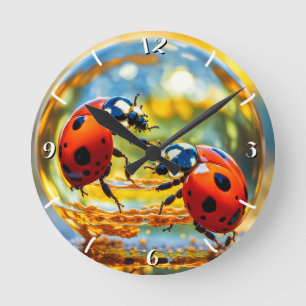 Ladybugs in a drop of water round clock