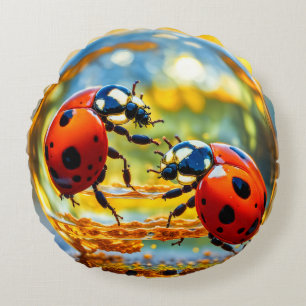 Ladybugs in a drop of water round pillow