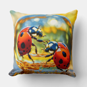 Ladybugs in a drop of water throw pillow