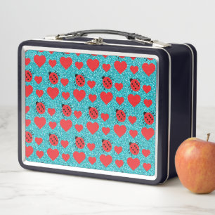 Ladybugs Lucky Insect Red Hearts Black Polka Dots Metal Lunch Box