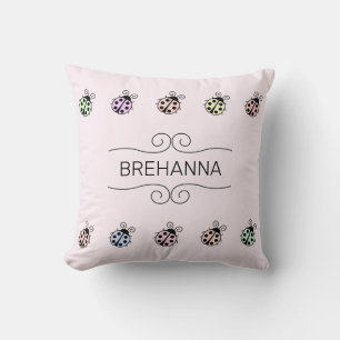 Ladybugs Pastel Multicolor Pattern on Pink Throw Pillow